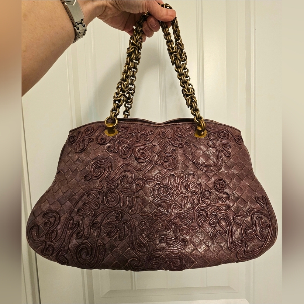 BOTTEGA VENETA Plum Embroidered Intrecciato Leather Shoulder Bag
